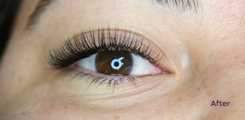 Eyelash Extensions - Raw Beauty Lounge (2) Close-up of a brown eye with dramatic eyelash extensions, labeled after
