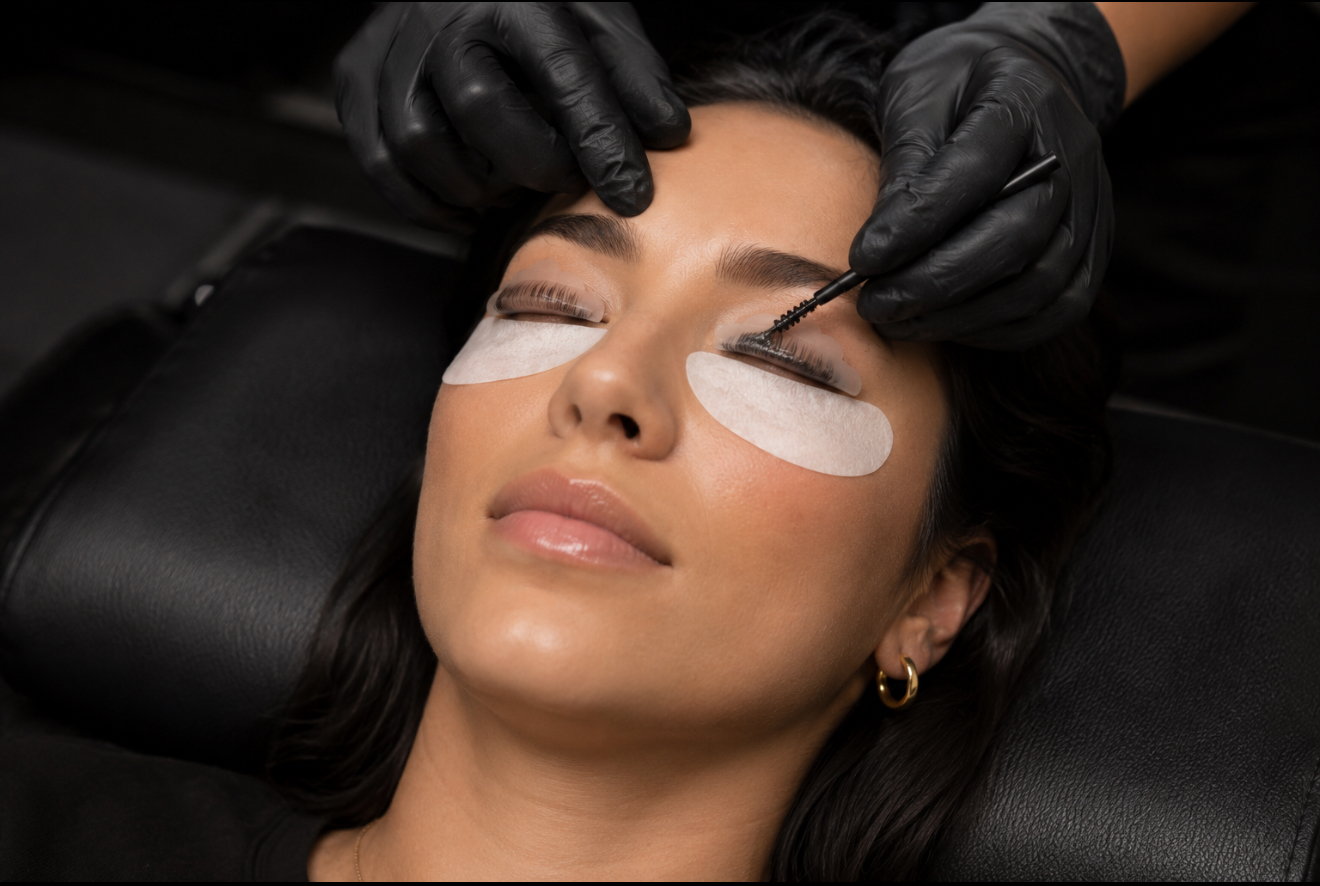 lash lifts Client reclining with under-eye pads during a lash lift in Omaha