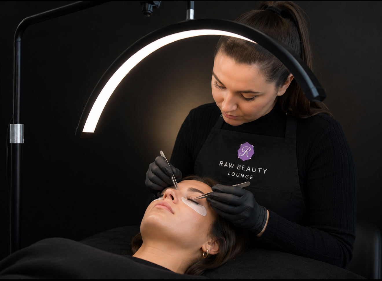 lash salon Lash artist applying extensions to a client under a ring light in Kirkland