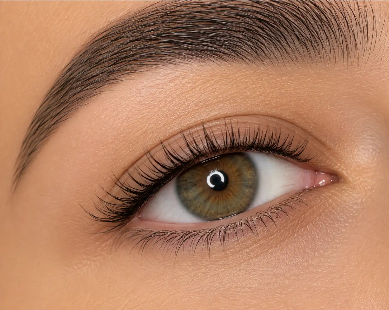 classic-lashes Close-up of a hazel eye with classic lash extensions and a shaped brow