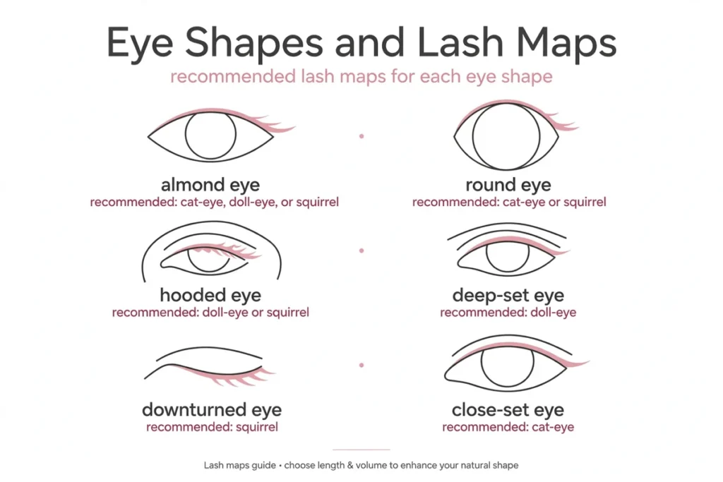 Diagram of eye shapes and recommended lash maps for almond, round, hooded, deep-set, downturned and close-set eyes