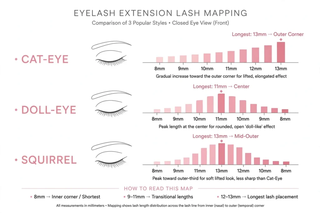 Eyelash extension lash mapping chart comparing cat-eye, doll-eye and squirrel lengths